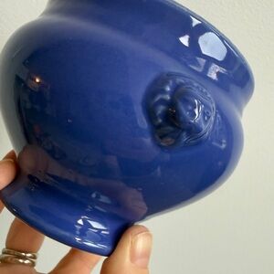 Vintage Emile Henry blue glazed ceramic lion's head soup bowl